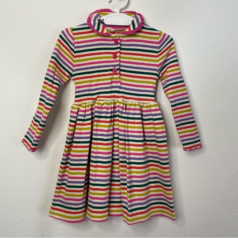 Mini Boden Rainbow Striped Long Sleeve Dress 2-3Y Collared Ribbed Cute Dopamine